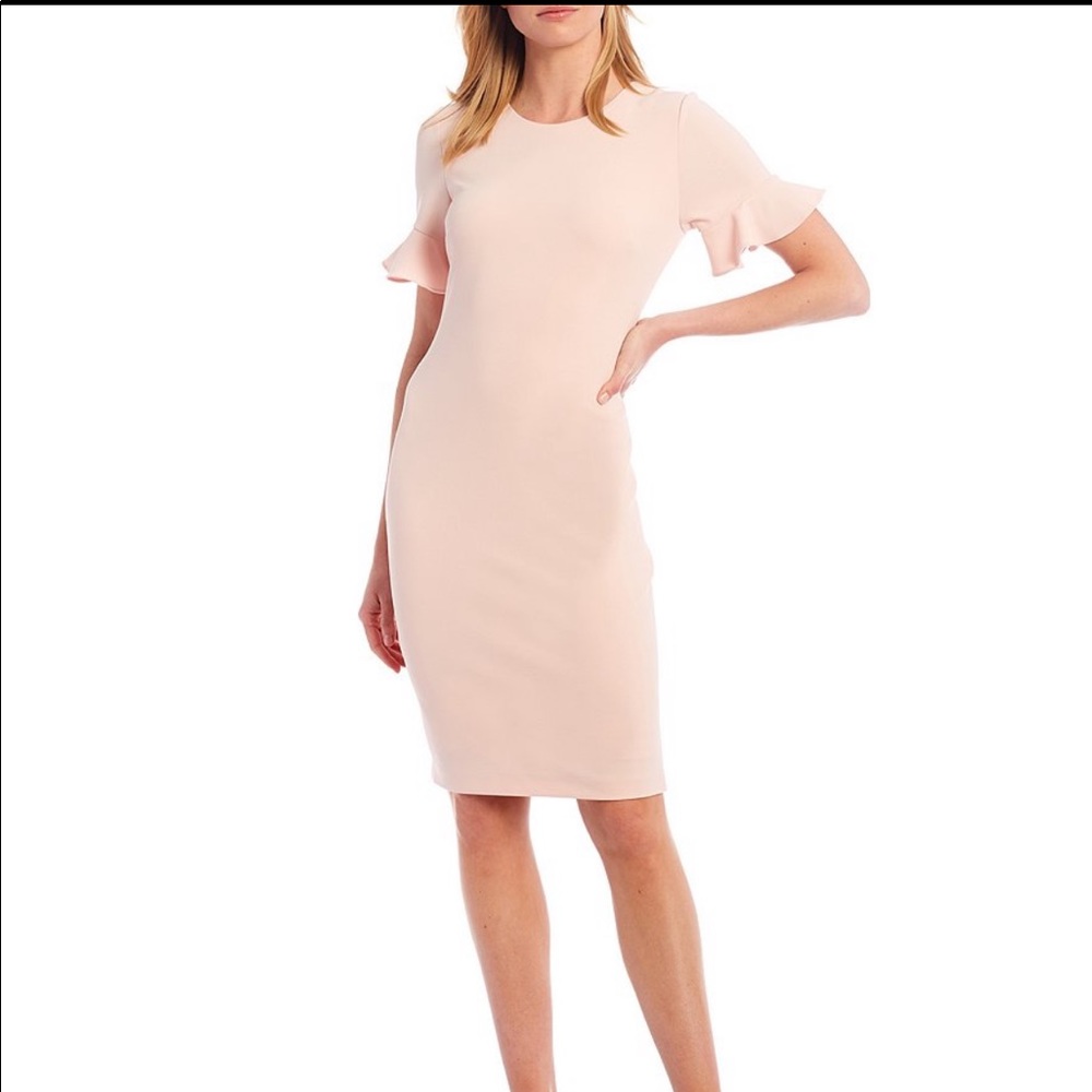 CALVIN KLEIN FLUTTER SLEEVE SHEATH DRESS
